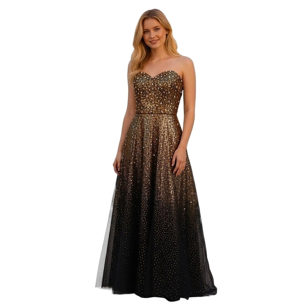 Disney Gold Black Sequin Tulle Strapless Corset Gown Dress S-M